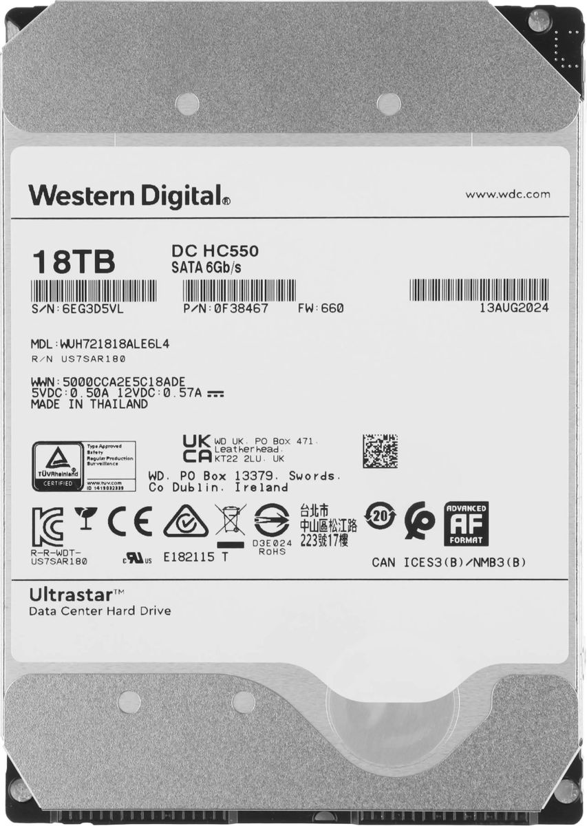 Жесткий диск WD Ultrastar DC HC550 WUH721818ALE6L4,  18ТБ,  HDD,  SATA III,  3.5" [0f38467]